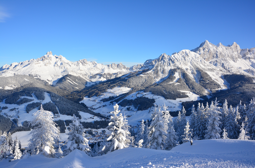 Panoramic view of snowy mountains, forested slopes, valleys and snow-covered trees in foreground | © Bergbahnen Filzmoos GmbH