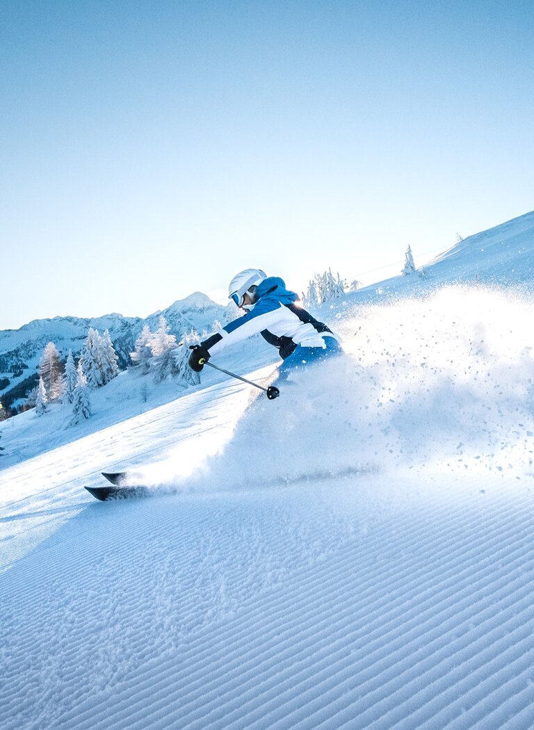 Skier sprays powder snow on sunny slope in Ski amadé | © Ski amadé GmbH A skier carves on a sunny slope in Ski amadé, spraying fresh powder snow into the air with forest and mountains in the background. | © Ski amadé GmbH
